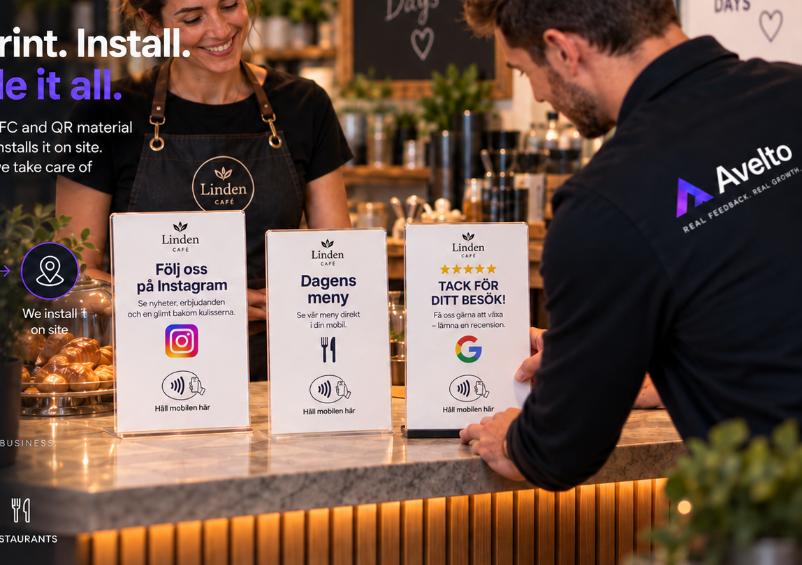 Godkända Café Linden NFC-skyltar och installation i café