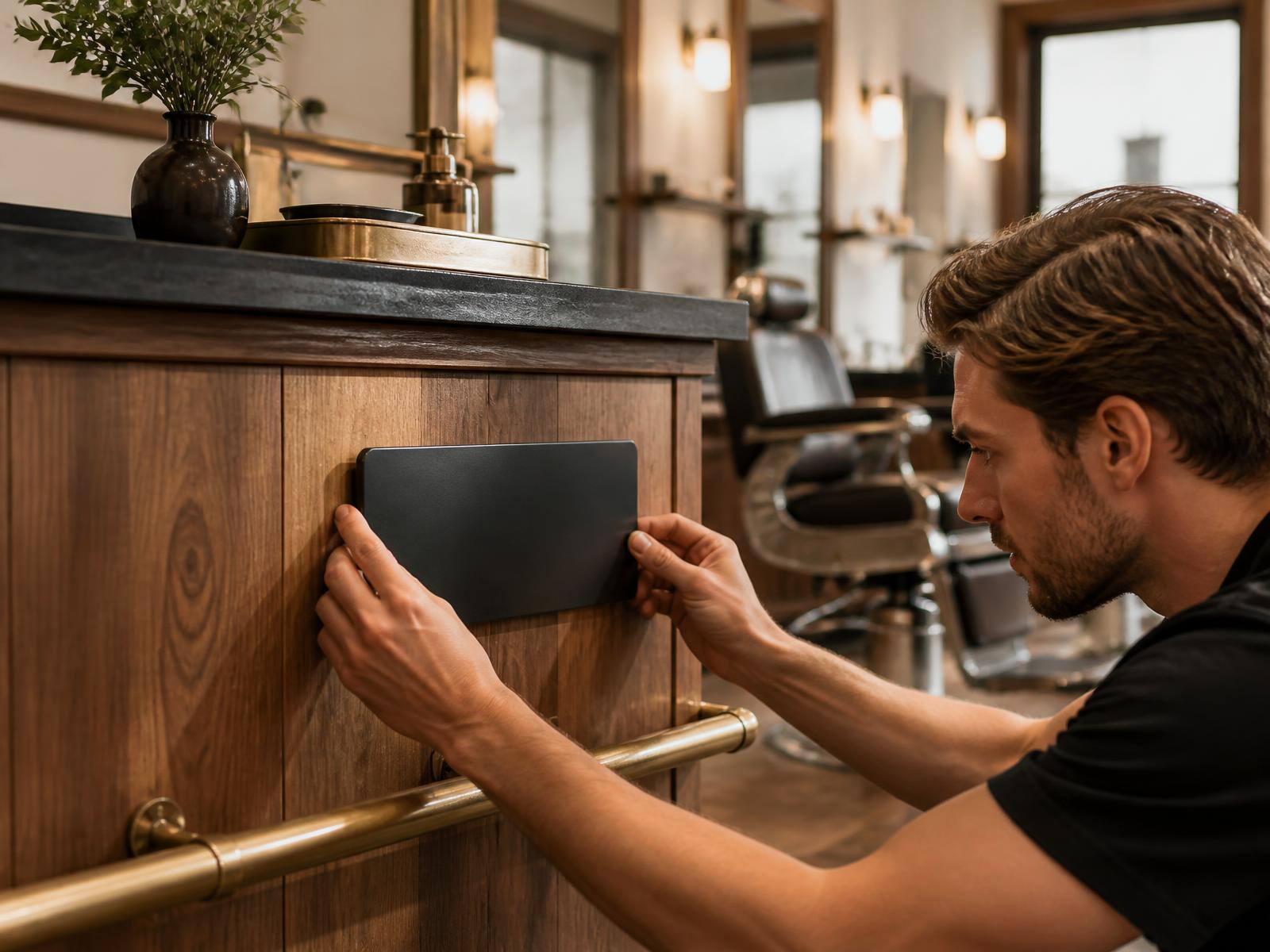 Avelto-tekniker monterar en skylt på disken i en barbershop