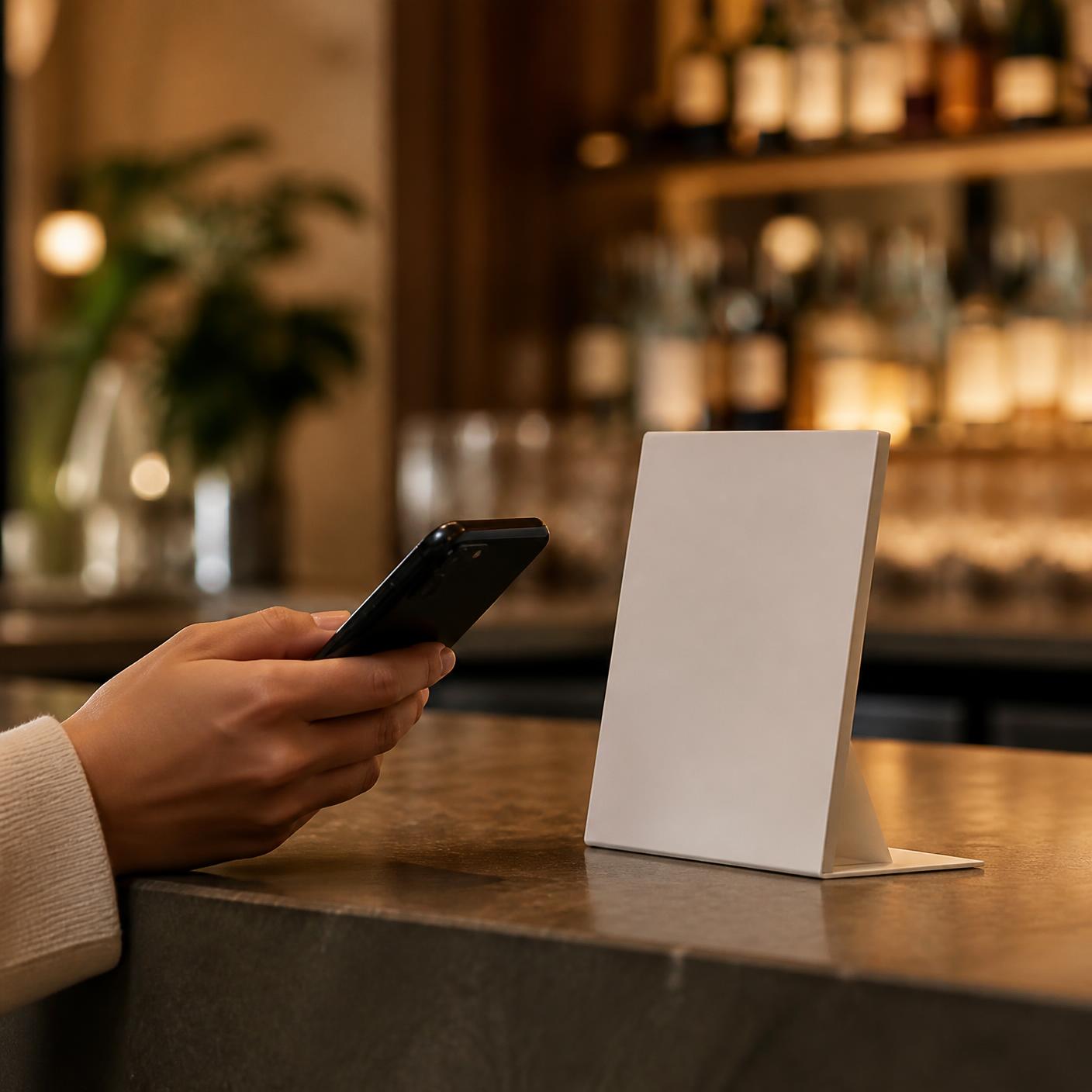 Närbild på en hand som håller mobilen mot en skylt på en disk